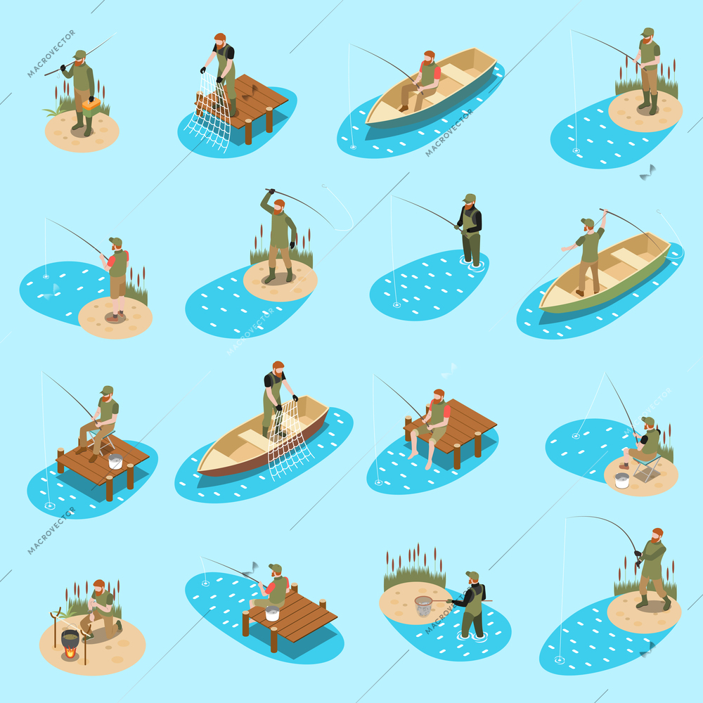 Fishing fisherman isometric icon set with different types of fishing and recreation vector illustration