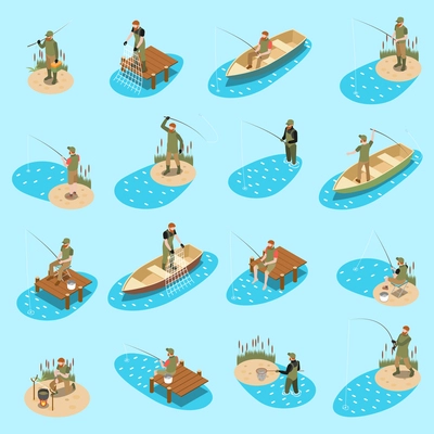 Fishing fisherman isometric icon set with different types of fishing and recreation vector illustration