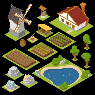 Game colored isometric icon set beds with seedlings mill pond decorations and houses vector illustration
