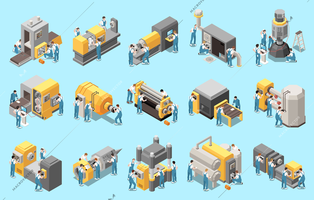 Industrial maintenance engineer technician isometric icon set with installation and configuration of complex equipment vector illustration