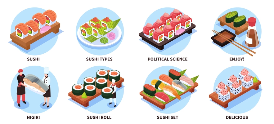 Set of isometric compositions with sushi and maki on trays and plates and tiny characters of cooks isolated vector illustration
