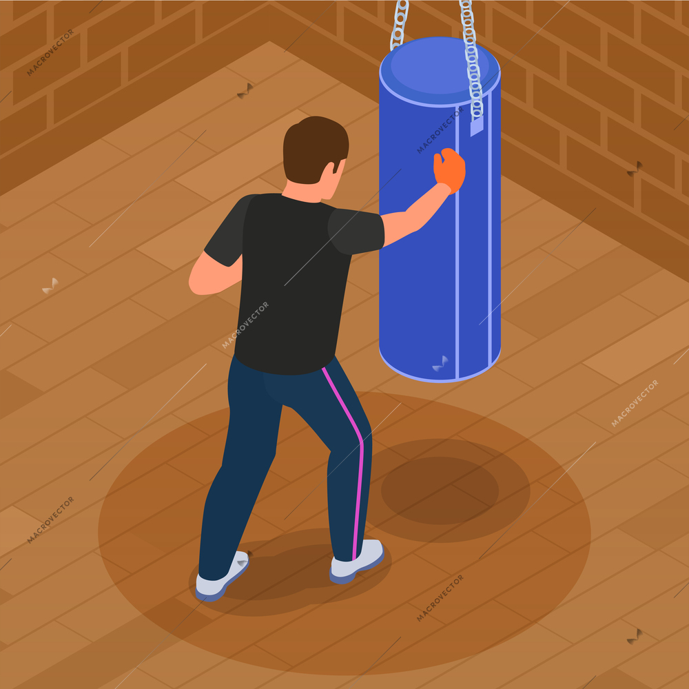 Man practising self defence in gym training with punching bag isometric concept vector illustration