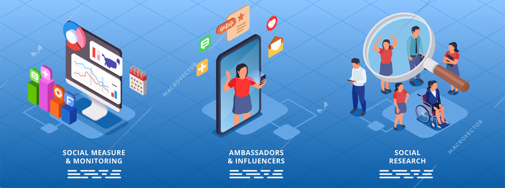 Community management social measure and research isometric infographic with characters of ambassadors and followers on blue background vector illustration