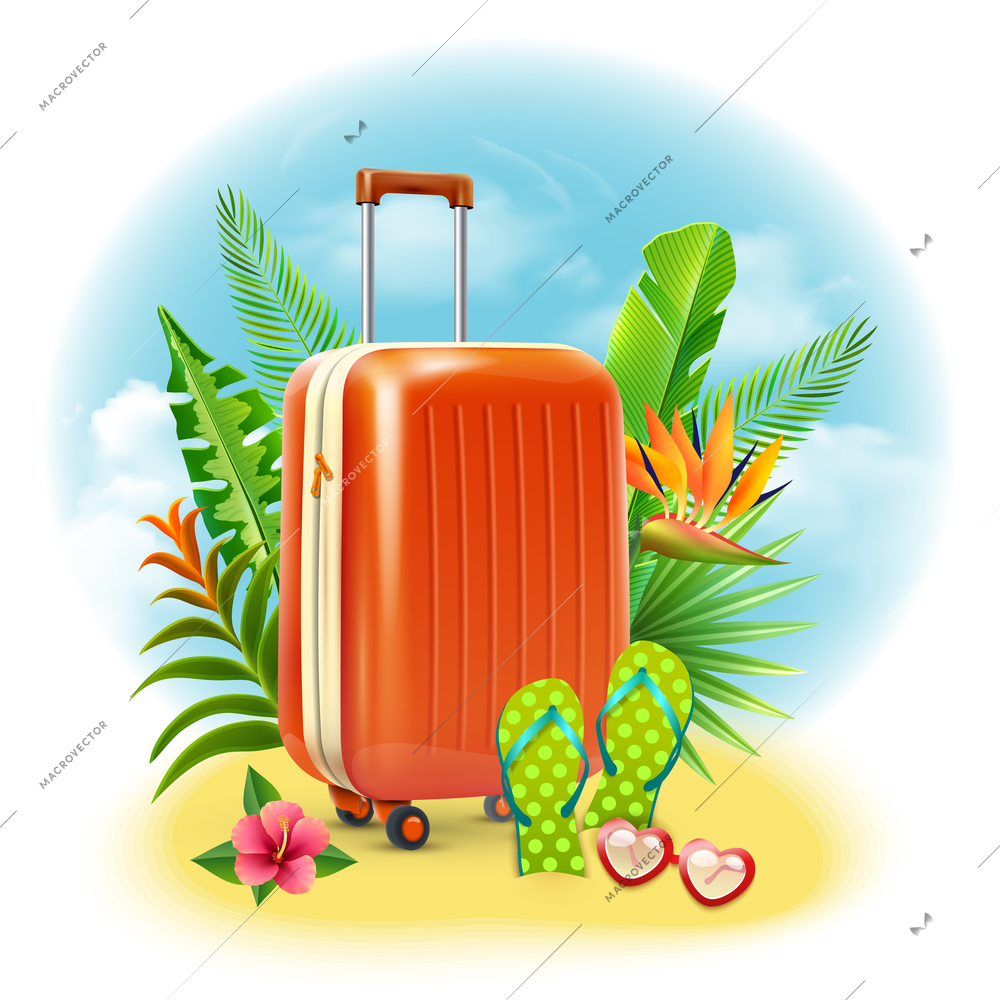 Summer beach vacation design with travel suitcase slippers and glasses vector illustration