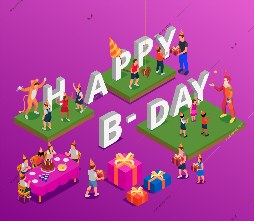 Children birthday party isometric composition with festive table and kids during various fun activities 3d vector illustration