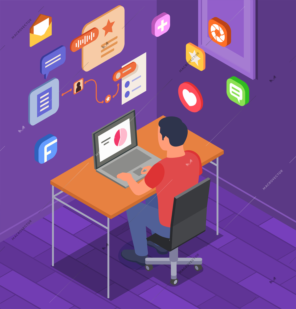 Community manager working on laptop isometric composition with 3d social media icons vector illustration