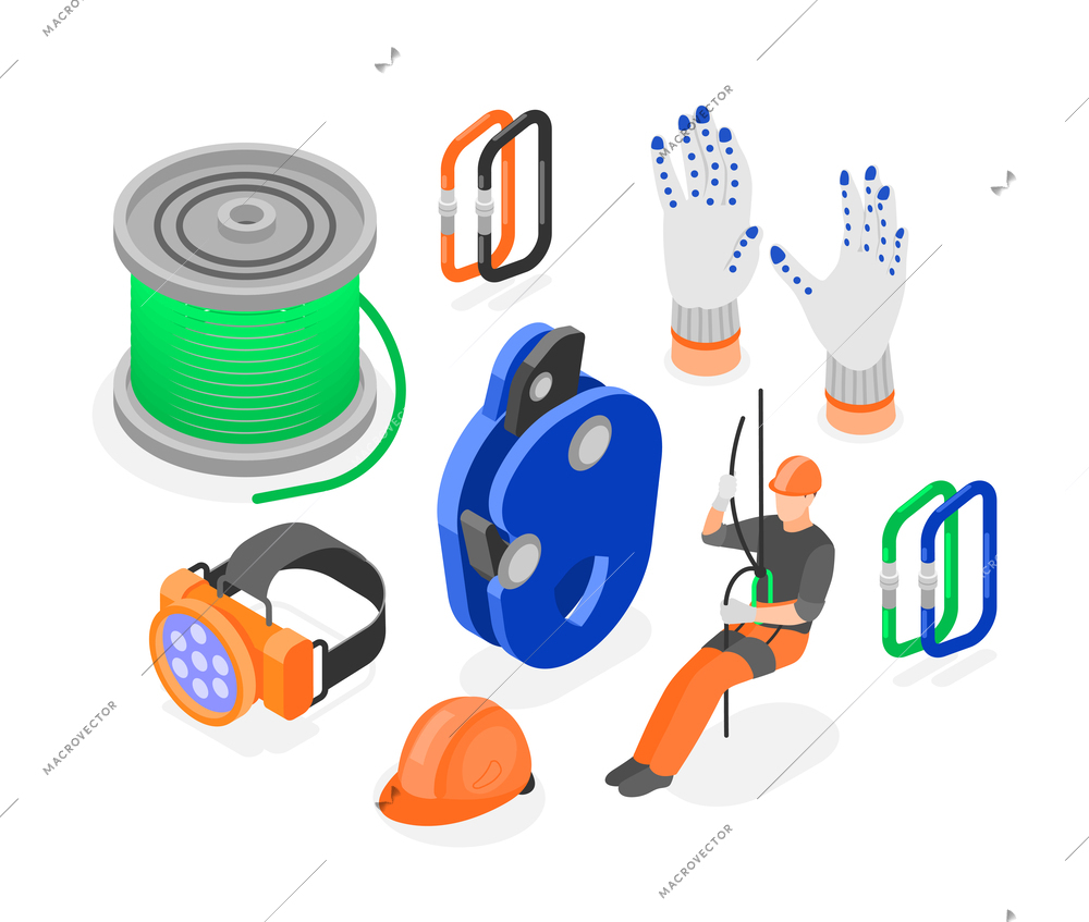 Industrial climber equipment isometric set of rope helmet safety belt specially fasteners isolated vector illustration