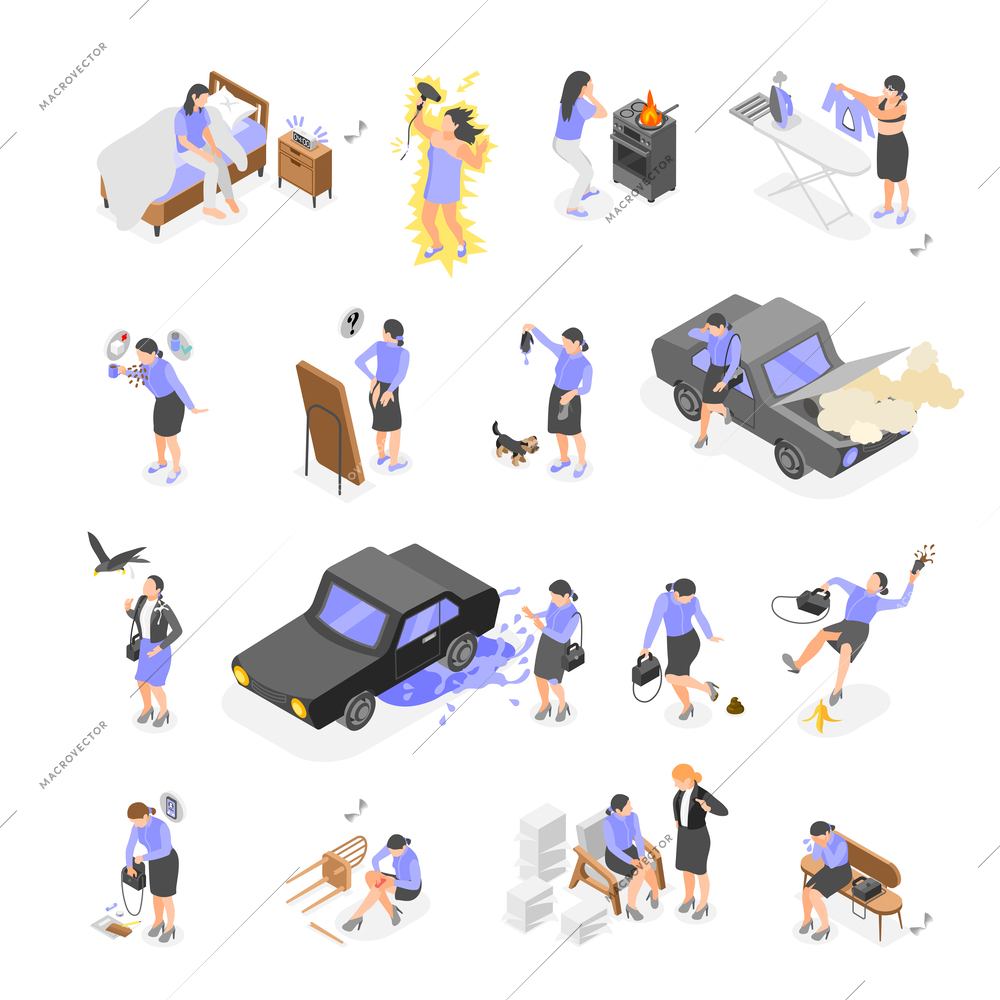 Unlucky day isometric icons with unhappy people because of unpleasant events home in office and outdoors isolated vector illustration