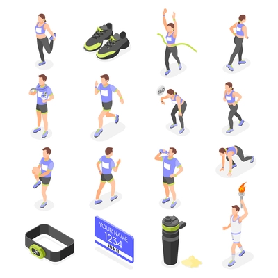 Marathon runners isometric icons set of running athletes and sports equipment isolated vector illustration