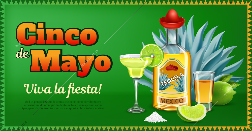 Tequila horizontal ads poster decorated with blue agave and bottle with lid in form of mexican sombrero realistic vector illustration