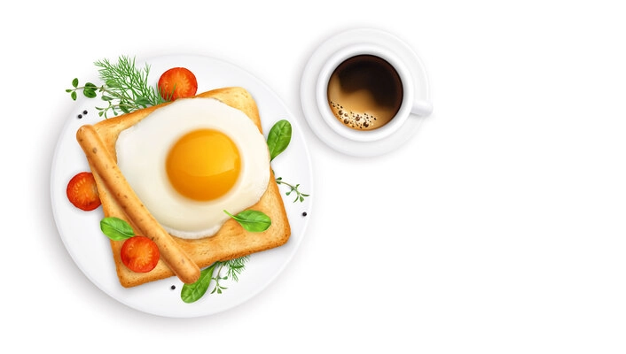 Toast and fried egg breakfast realistic composition with top view of coffee cup and sandwich meal vector illustration