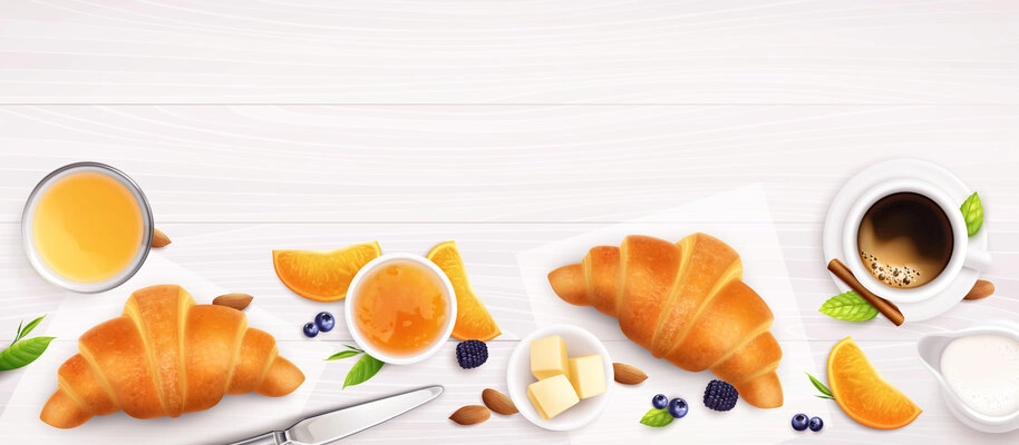 Croissants jam and coffee breakfast realistic composition with top view of multiple fruit slices berries cups vector illustration