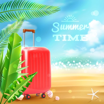 Summer beach background with travel suitcase tropic leaves and seashells vector illustration