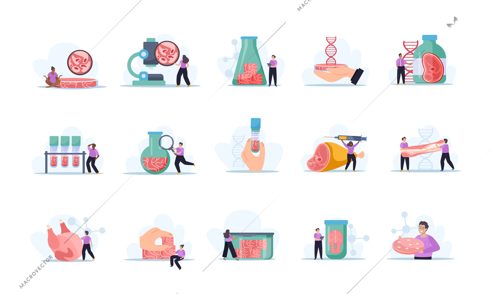 Artificial grown meat flat set of isolated compositions on blank background with icons of lab production vector illustration