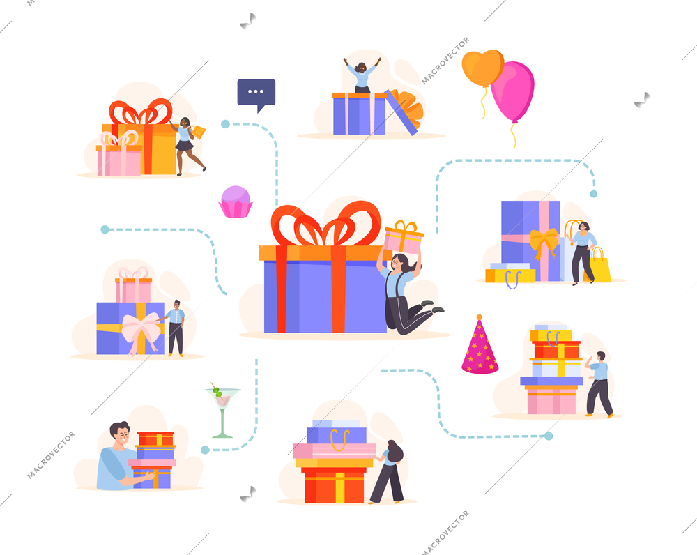 People with boxes flat composition with flowchart of holiday icons and human characters on blank background vector illustration