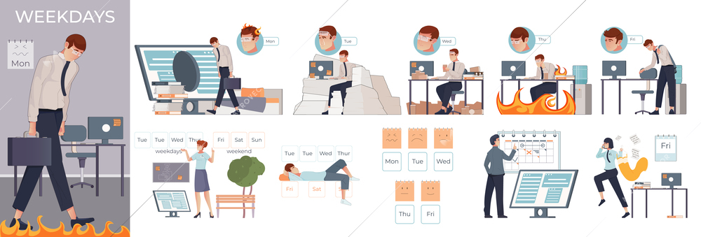 Different mood of office worker during work week flat composition set isolated vector illustration