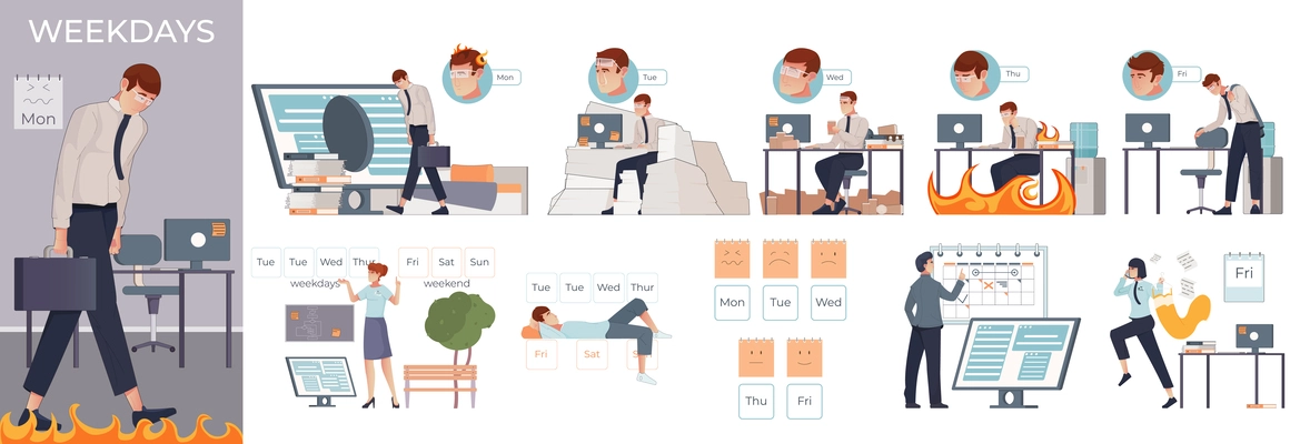 Different mood of office worker during work week flat composition set isolated vector illustration