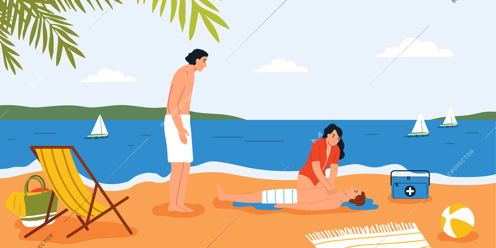 Lifeguards composition with beach scenery and doodle people resuscitating drowned person with first aid kit box vector illustration