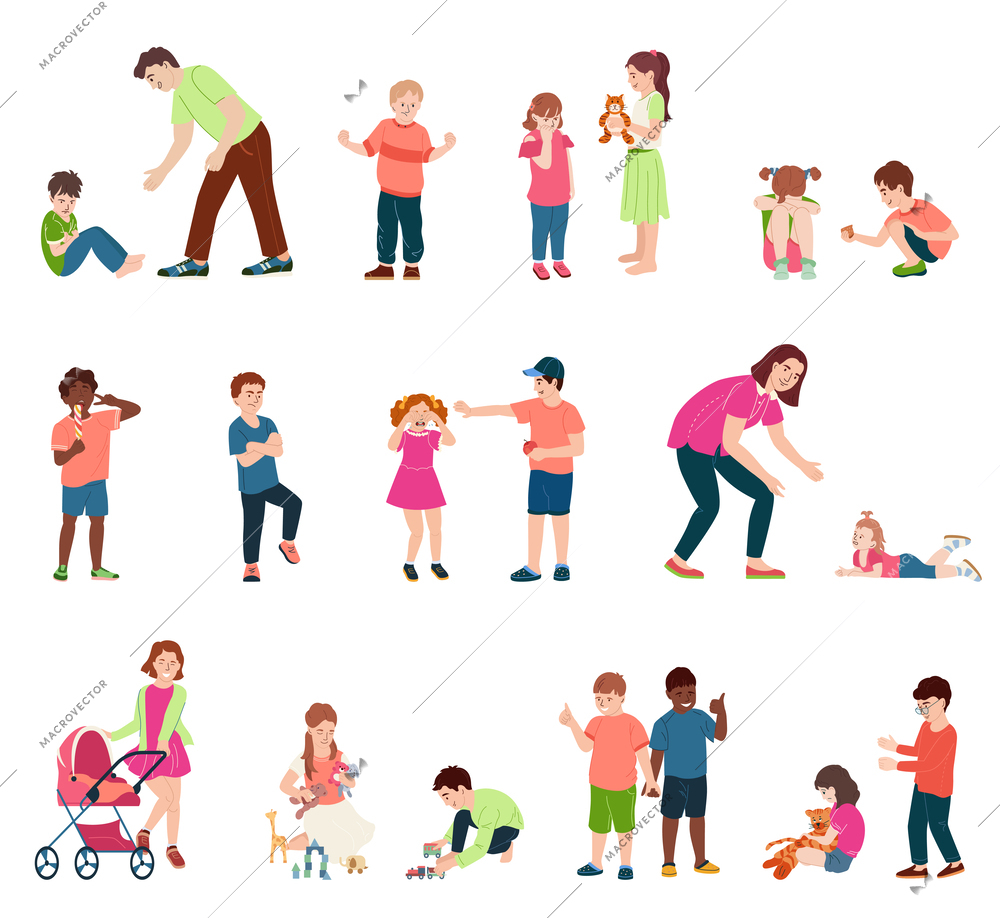 Children behaviour flat set of kids their friends and parents in different life situations isolated vector illustration