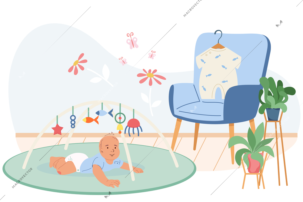 Baby development in first year flat composition with crawling little kid reaching for toys vector illustration