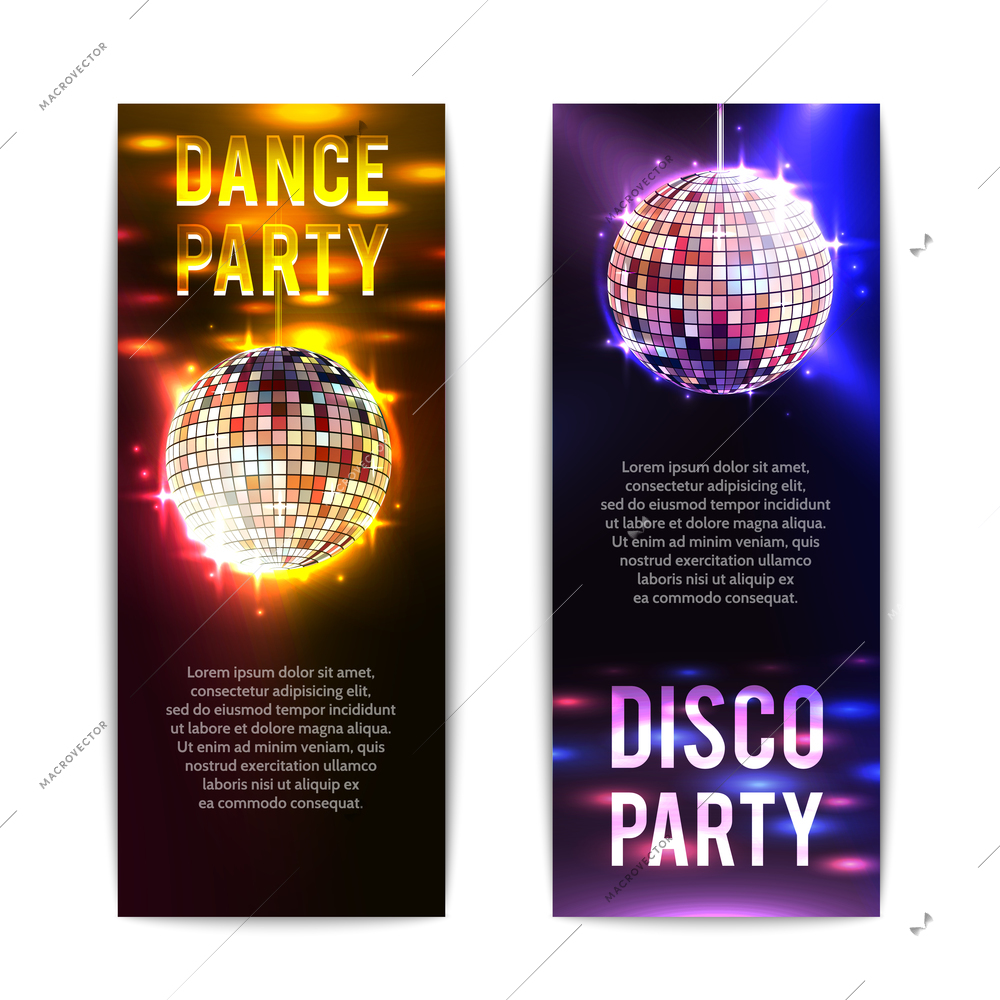 Disco party banners vertical set with bright club balls isolated vector illustration