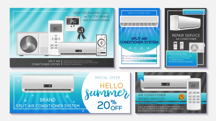 Set of vertical and horizontal advertising split system and air conditioner repair service banners isolated vector illustration