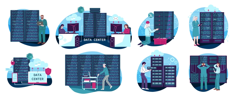 Data center icons set with digital security symbols flat isolated vector illustration