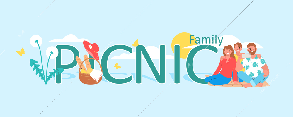 Picnic flat text banner with happy family taking selfie and basket with breakfast vector illustration