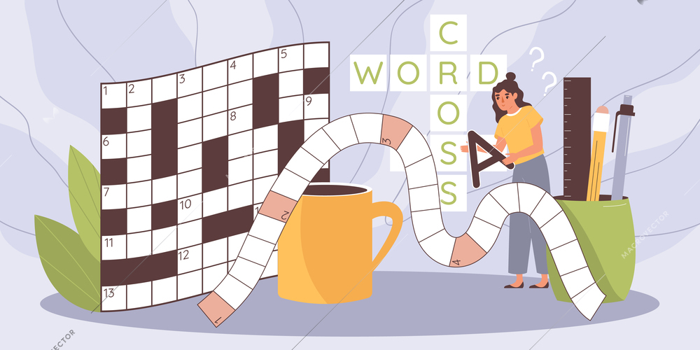 Crossword sudoku flat composition with female character holding letter with cells and stationery items pencils pens vector illustration