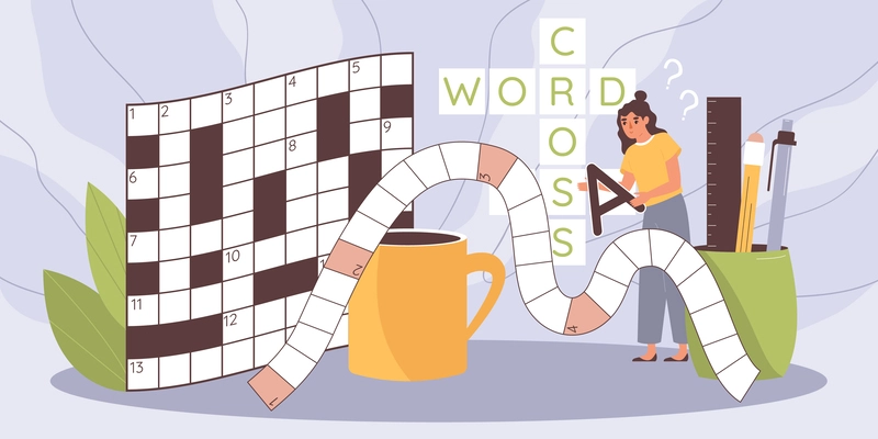 Crossword sudoku flat composition with female character holding letter with cells and stationery items pencils pens vector illustration