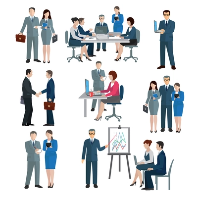 Office worker workgroup workflow businessmen and businesswomen icons set isolated vector illustration