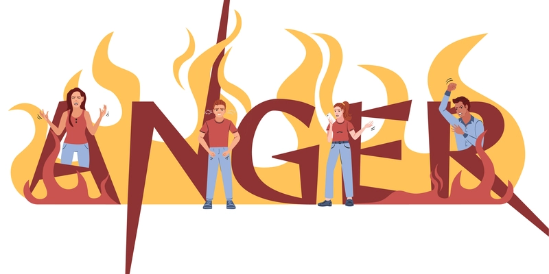 Angry people flat composition of ornate text with flame shapes doodle human characters on blank background vector illustration