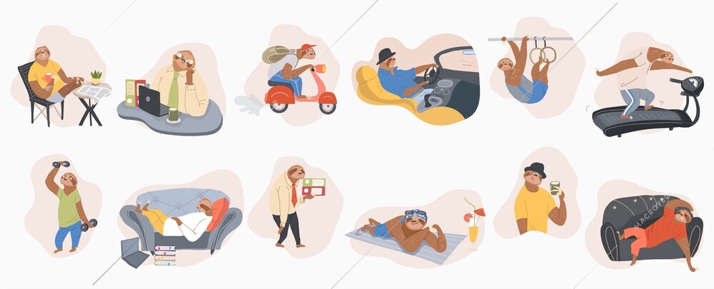 Set of isolated sloth laziness concept compositions with flat characters of human like sloths different situations vector illustration