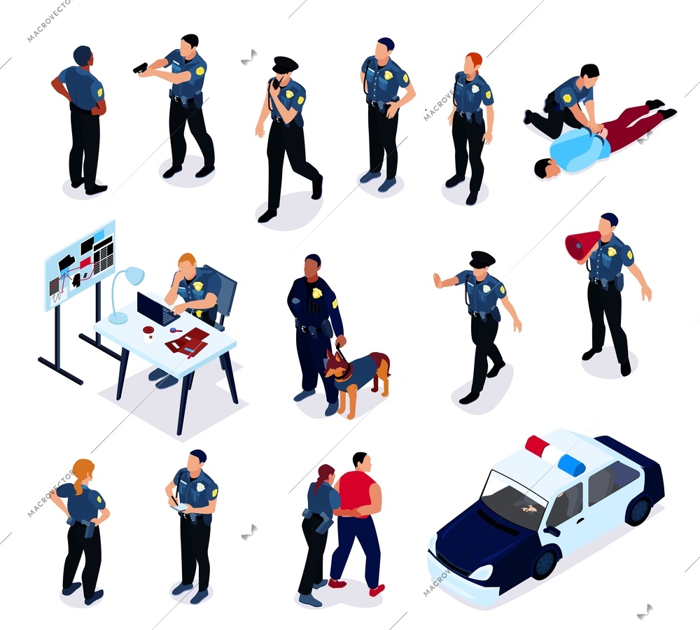 Isometric police color set of isolated icons with police officers criminals investigator characters and patrol car vector illustration