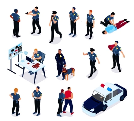 Isometric police color set of isolated icons with police officers criminals investigator characters and patrol car vector illustration