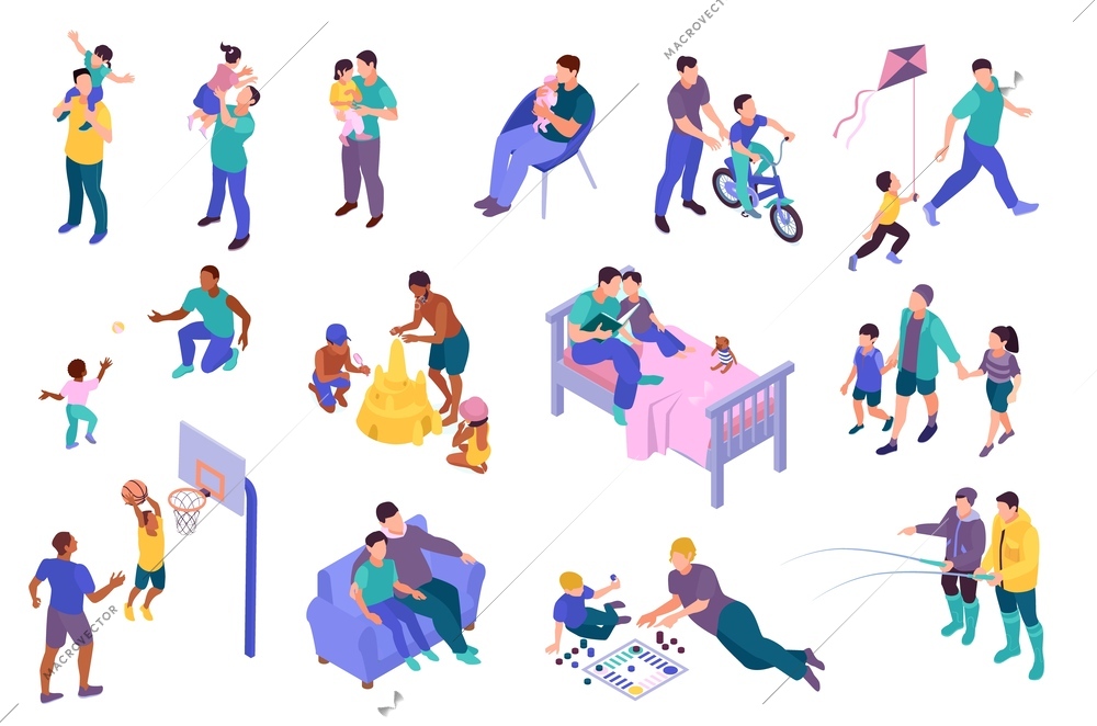 Isometric father day set of isolated icons family members having good time together on blank background vector illustration