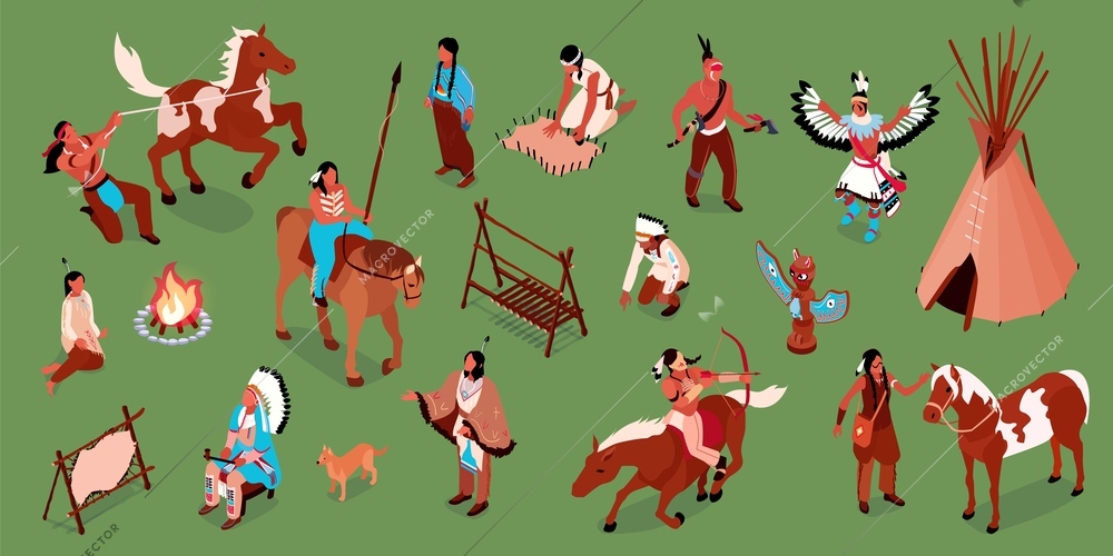 Isometric american indians color set with isolated icons people wearing traditional clothes with idols labor instruments vector illustration