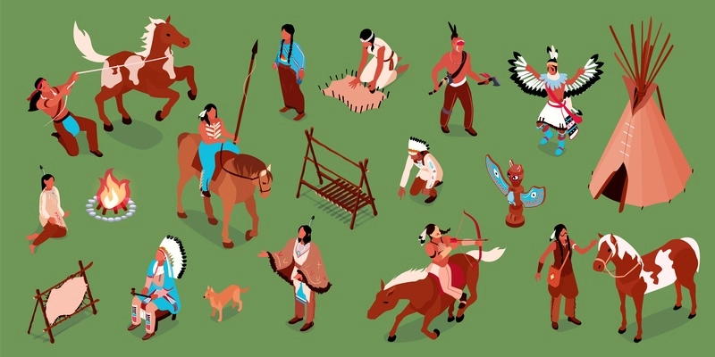 Isometric american indians color set with isolated icons people wearing traditional clothes with idols labor instruments vector illustration