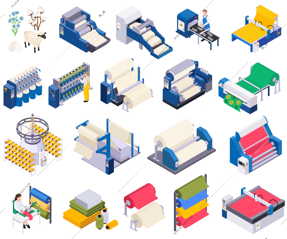 Textile industry isometric set of isolated icons with machine units rolling frames fabric rolls and garments vector illustration