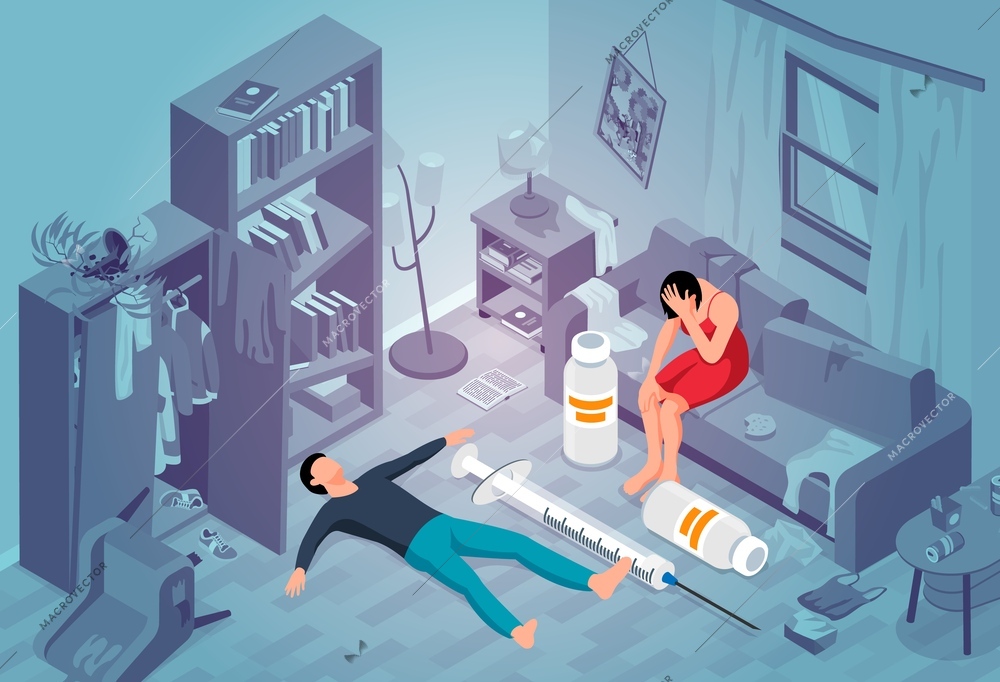 Addiction isometric concept with two drug addict people in messy room with syringe and pill bottles vector illustration