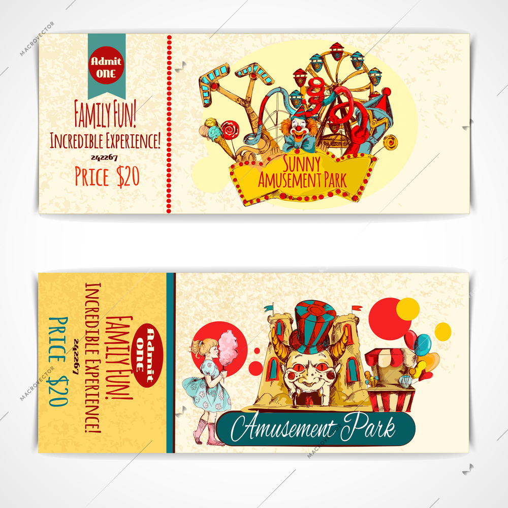 Amusement fun festival park tickets hand drawn set isolated vector illustration