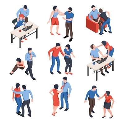 Harassment between men and women in workplace isometric set isolated 3d vector illustration