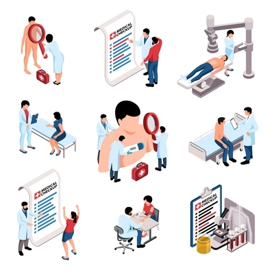 People doing through medical checkup isometric icons set isolated 3d vector illustration