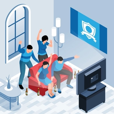 Sport fans watching match on tv at home cheering for favourite team and drinking beer isometric vector illustration