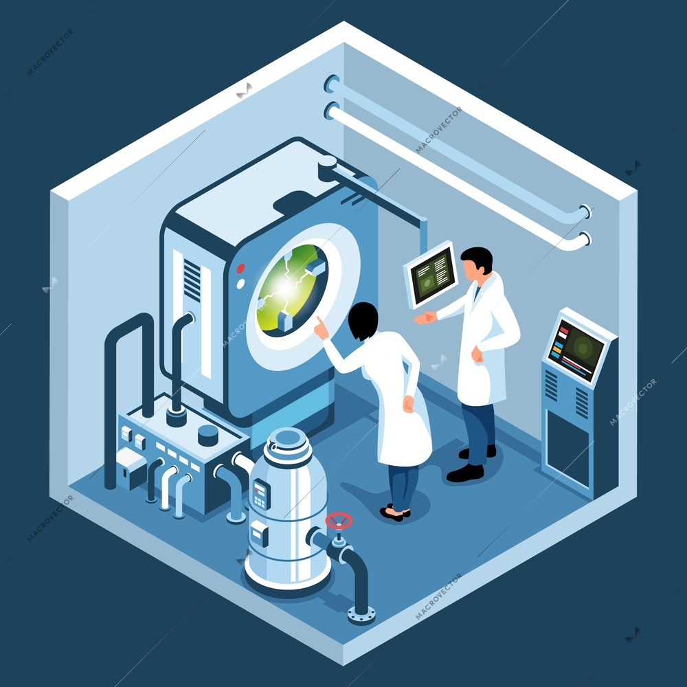 Biotechnology isometric composition with laboratory assistants monitoring process of experiment isolated on dark background vector illustration