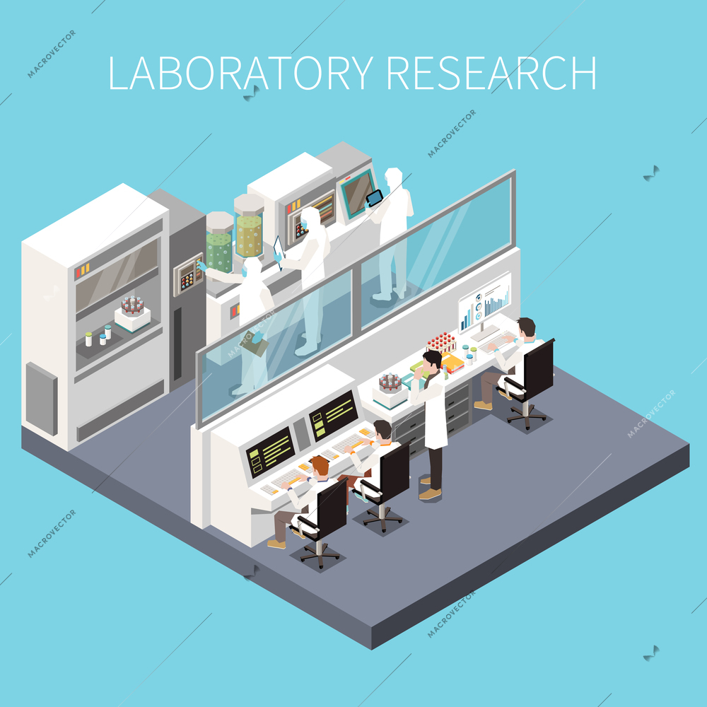 Research development isometric concept with engineers in scientific laboratory vector illustration