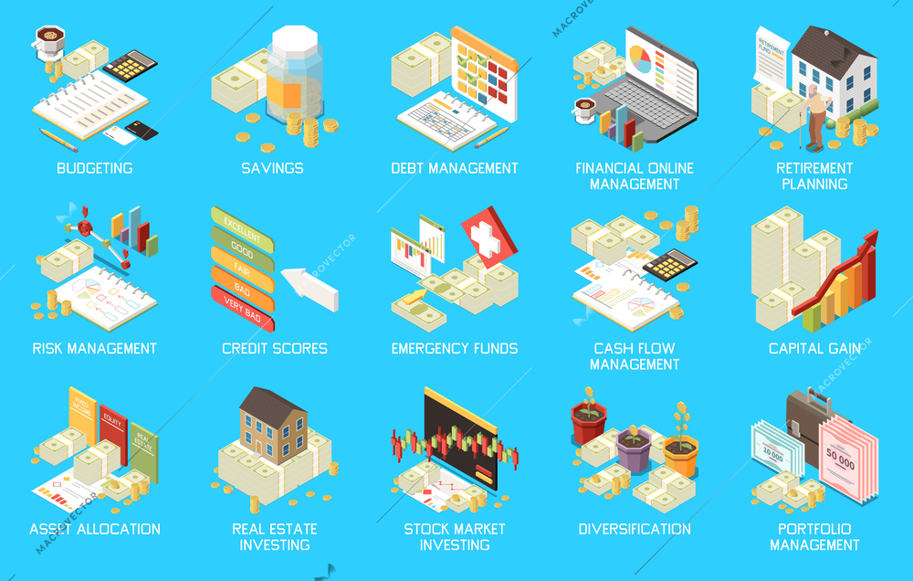 Financial management isometric icons set with personal finances symbols isolated vector illustration