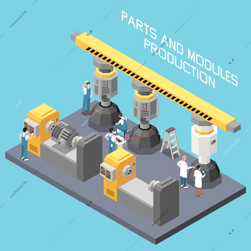 Rocket building isometric with spacecraft parts and modules production vector illustration