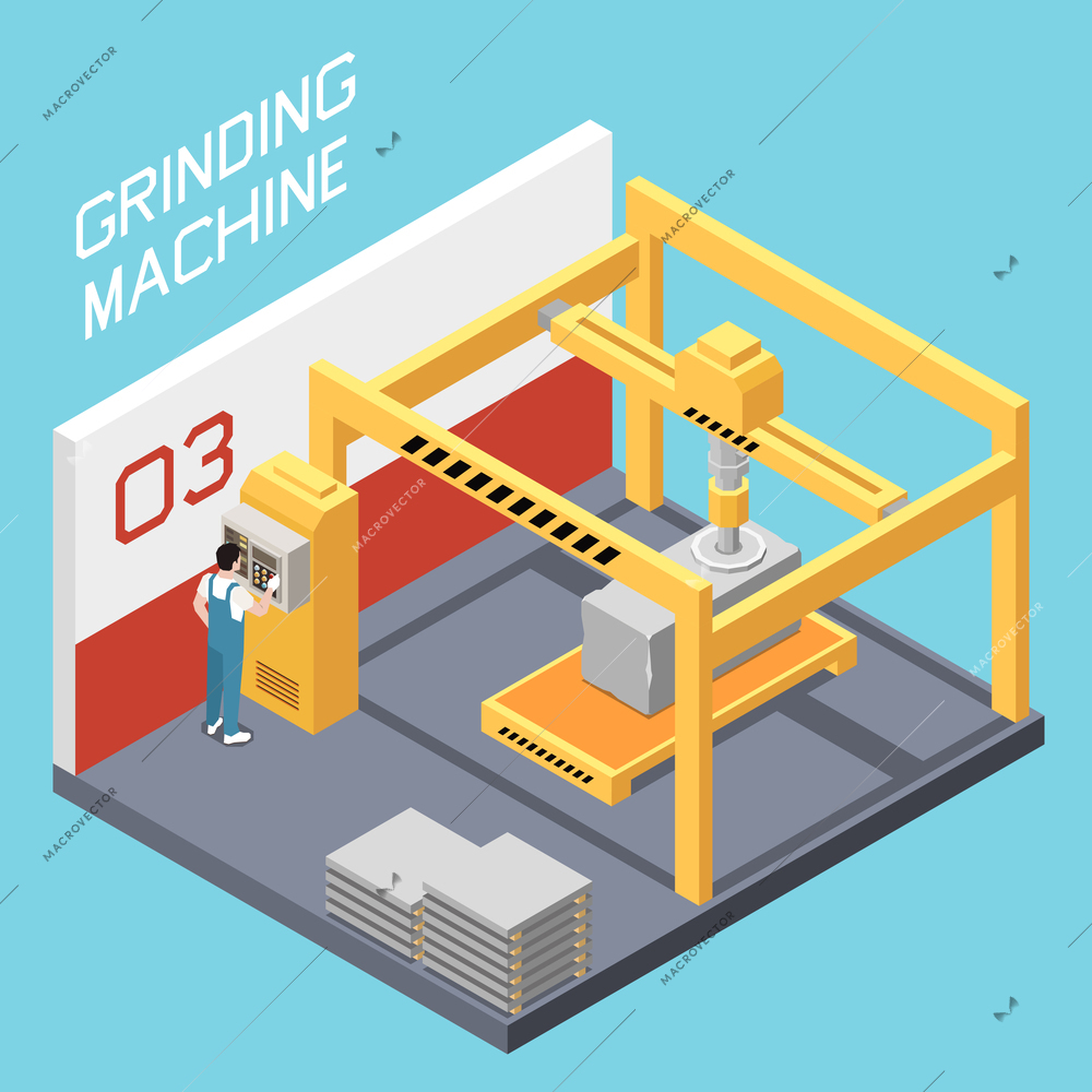 Stone factory isometric concept with granite grinding machine vector illustration