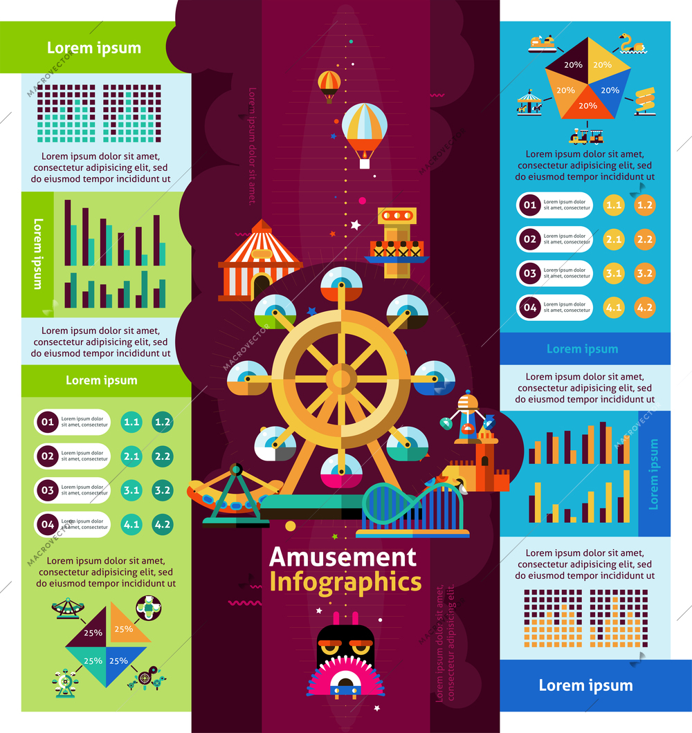 Amusement park infographics set with attractions and entertainment symbols and charts vector illustration
